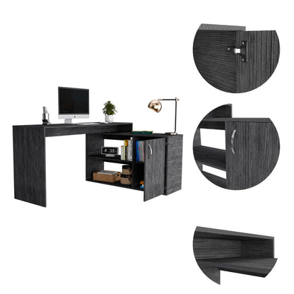 L-Shaped Desk Desti, Single Door Cabinet, Smokey Oak Finish