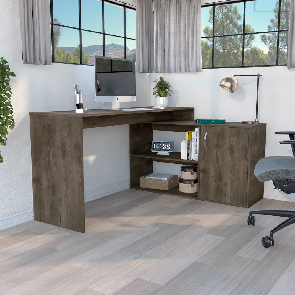 Modern L-Shaped Desk with Stylish Single Door Cabinet in Rich Dark Brown Finish