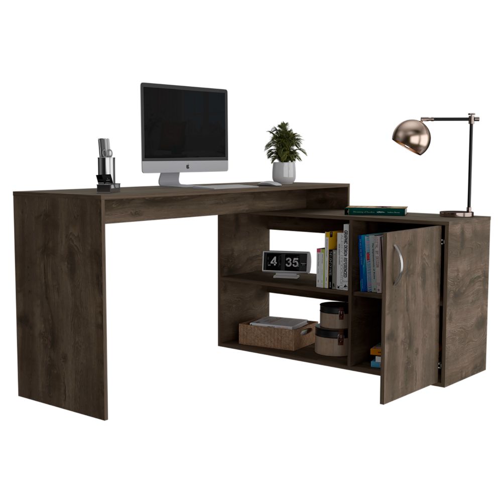 Modern L-Shaped Desk with Stylish Single Door Cabinet in Rich Dark Brown Finish