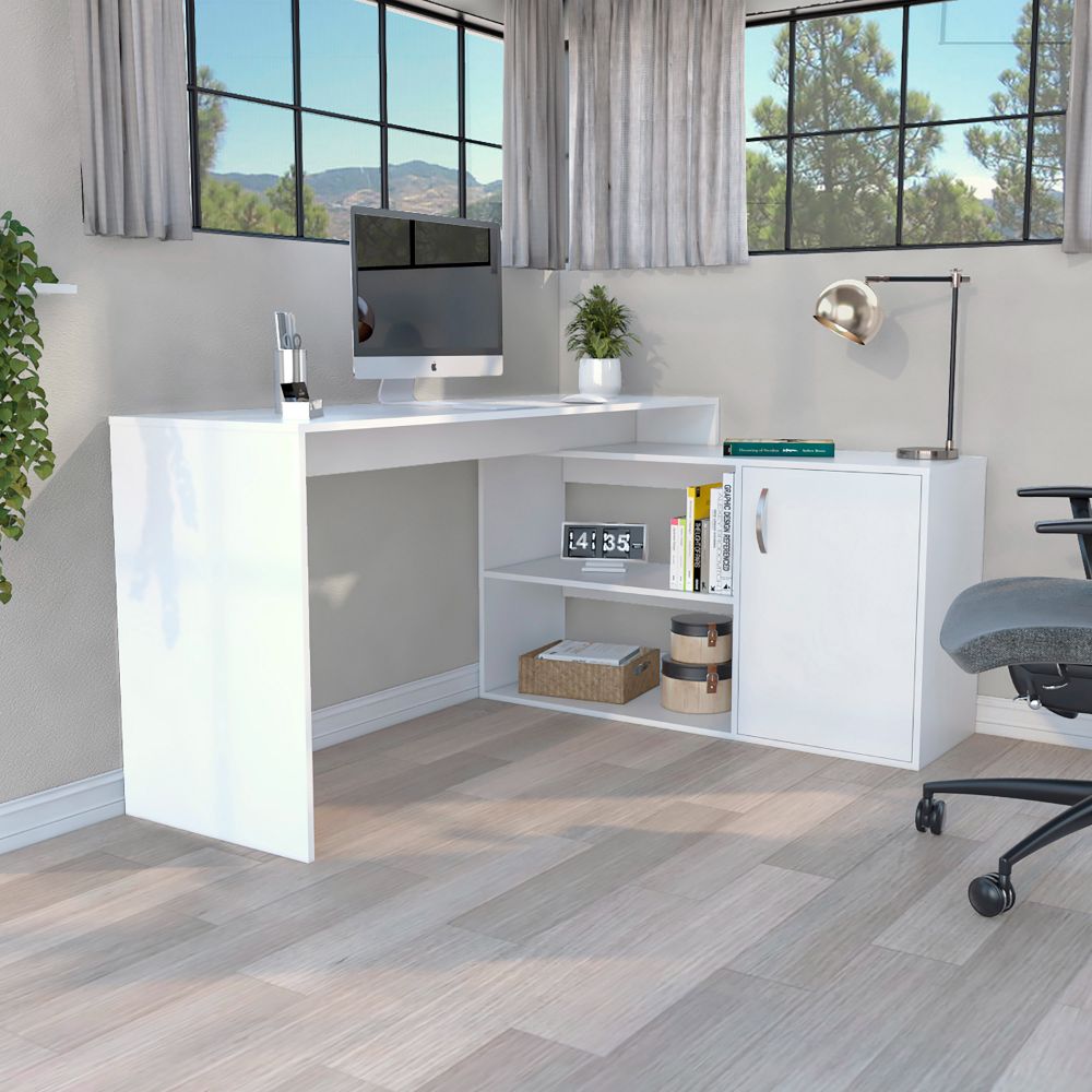 Modern L-Shaped Home Office - College Computer Desk with Stylish Single Door Cabinet in Elegant White Finish