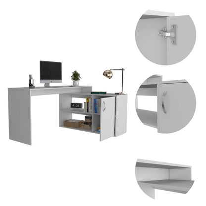 Modern L-Shaped Home Office - College Computer Desk with Stylish Single Door Cabinet in Elegant White Finish