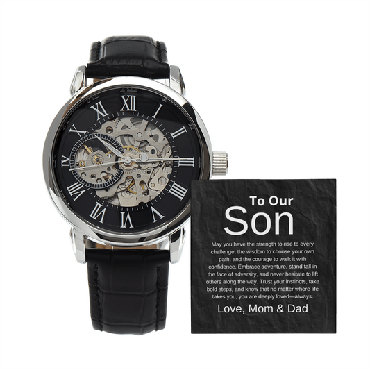 New Price Cut for Today. To Our Son, Remarkable Young Man - Strength, Wisdom & Courage - Openwork Watch, Case, and Message Card