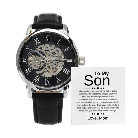 Last day to order for V-Day & Huge Price Cut, To my Son , From Mom - To a Remarkable Young Man - Strength, Wisdom & Courage - Openwork Watch, Case, and Message Card