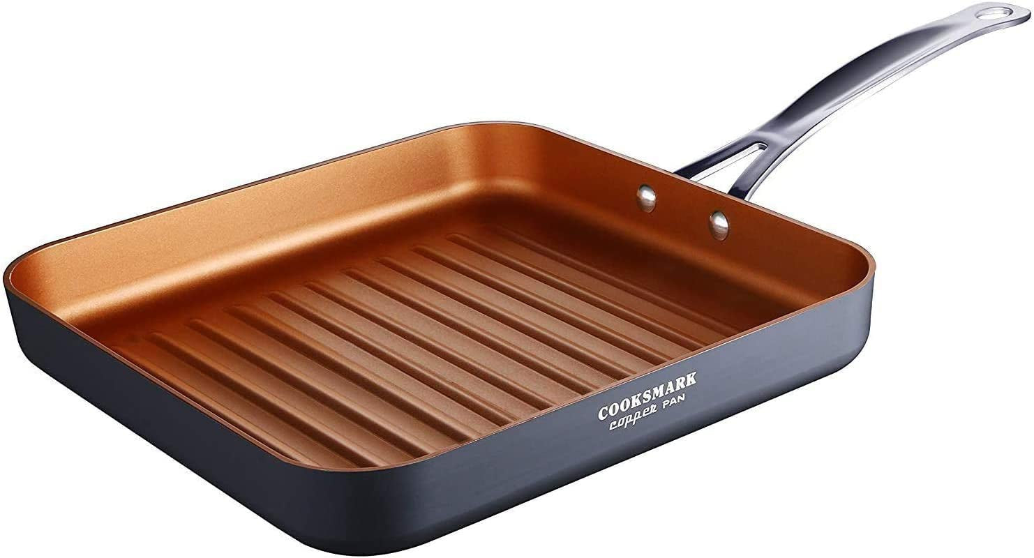 10 Inch Copper Grill Pan for Stove Tops-Non-Stick Oven Suitable Griddle Pan-Deep Square Frying Pan with Stay-Cool Stainless Steel Handle