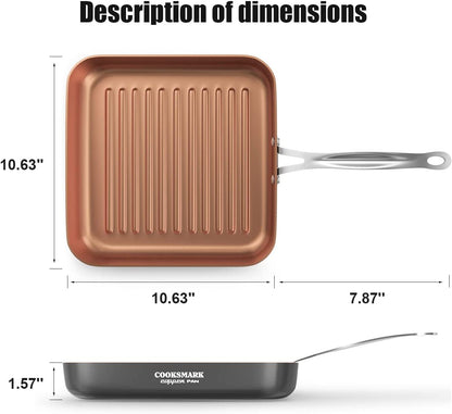 10 Inch Copper Grill Pan for Stove Tops-Non-Stick Oven Suitable Griddle Pan-Deep Square Frying Pan with Stay-Cool Stainless Steel Handle