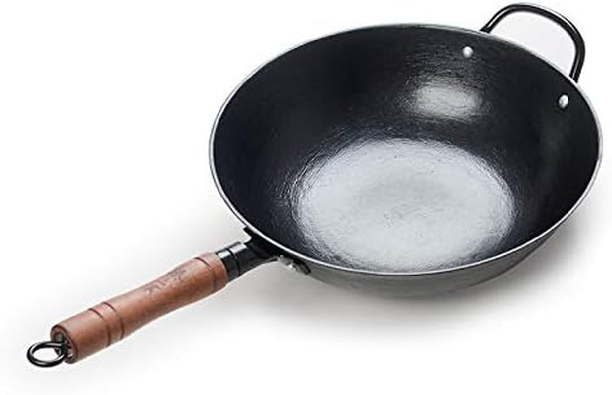 Cast Iron Woks and Stir Fry Pans, No Coating, Induction Suitable, Flat Bottom (32Cm/12.6In)