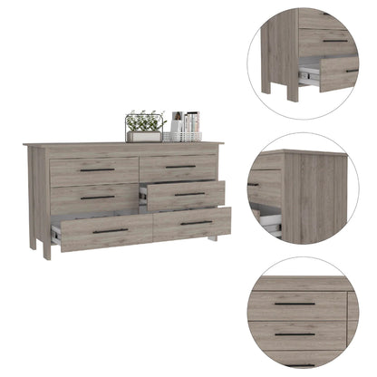 6 Drawer Double Dresser Wezz, Four Legs, Superior Top, Light Gray Finish