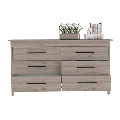 6 Drawer Double Dresser Wezz, Four Legs, Superior Top, Light Gray Finish