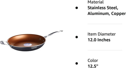 12 Inch Non-Stick Frying Pan Copper Pan Cooking Saute Pan for Induction Stovetop Dishwasher and Oven Suitable Copper Skillet with Stainless Steel Handle