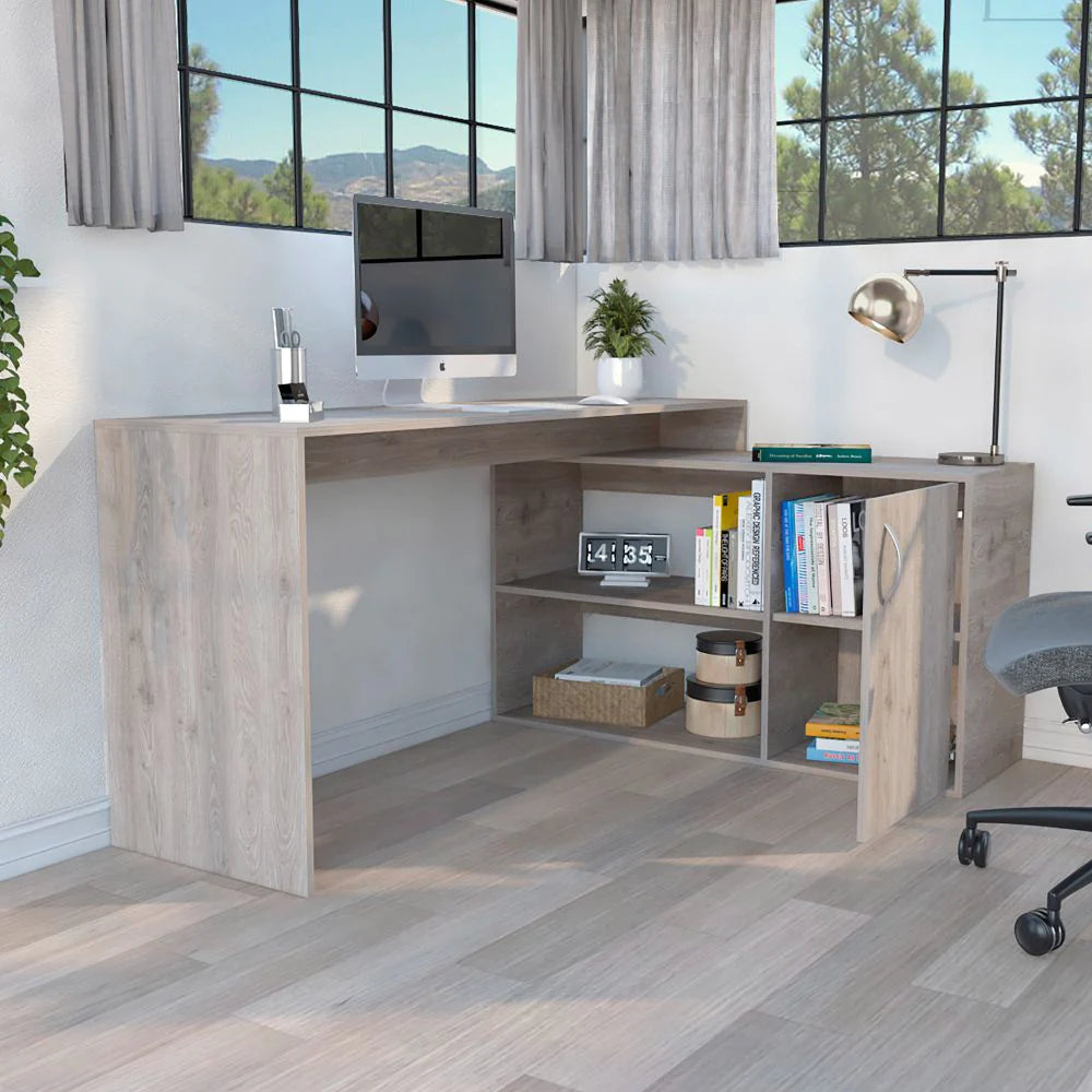 Modern L-Shaped Desk with Stylish Single Door Cabinet - Sleek Light Gray Finish