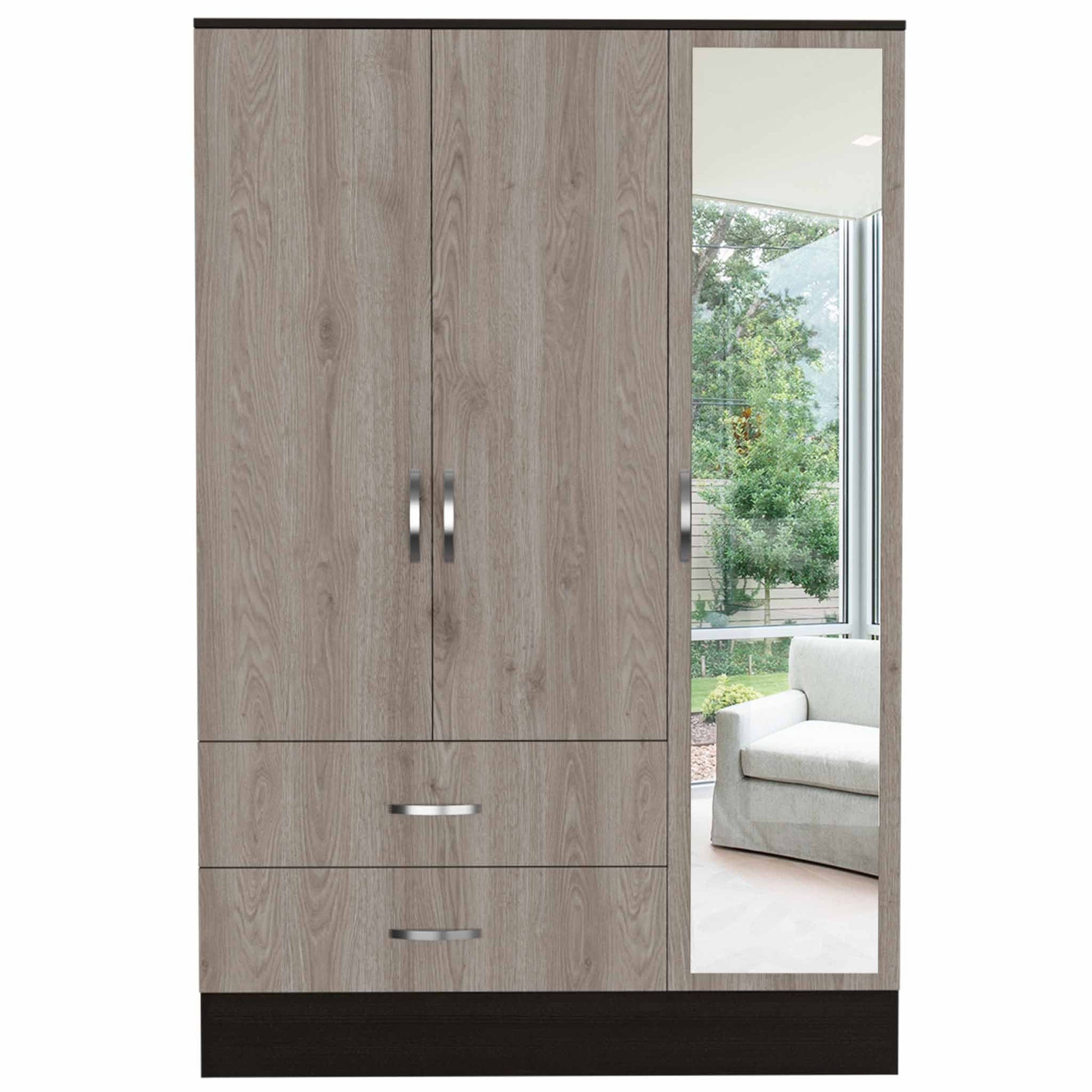 Mirrored Armoire by Draggo, Double Door Cabinet, Two Drawers , Rods, Black Wengue/ Light Gray Finish