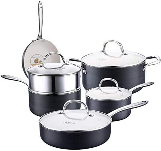 10 Piece Black Hard Anodized Aluminium Nonstick Cookware Set-Nonstick Ceramic Pots and Pans Set with Sturdy Glass Lids Sauce Pan with Steamer Insert