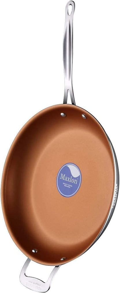 12 Inch Non-Stick Frying Pan Copper Pan Cooking Saute Pan for Induction Stovetop Dishwasher and Oven Suitable Copper Skillet with Stainless Steel Handle